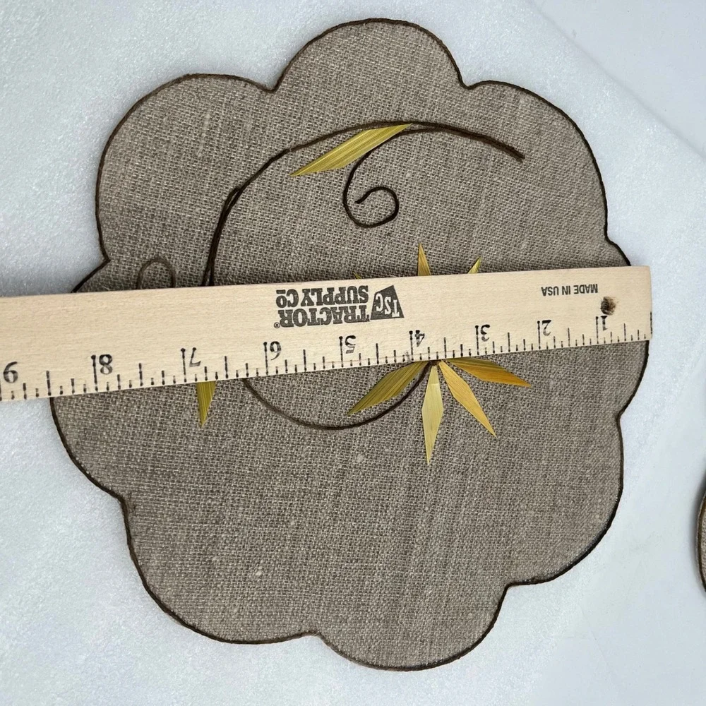 Vintage 7 pc Burlap Placemat Set Bamboo Flower Appliqué Handmade Boho Table Rare